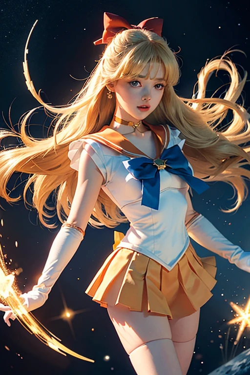 masterpiece, best quality, highres, sv1, 1girl, solo, sailor senshi uniform, sailor venus, blonde hair, magical girl, (blue eyes:0.8), orange skirt, elbow gloves, tiara, pleated skirt, hair bow, orange sailor collar, miniskirt, choker, red bow, orange choker, white gloves, very long hair, jewelry, earrings, close-up, full body, dynamic posture, Cosmic background, shooting star, strong light beam,