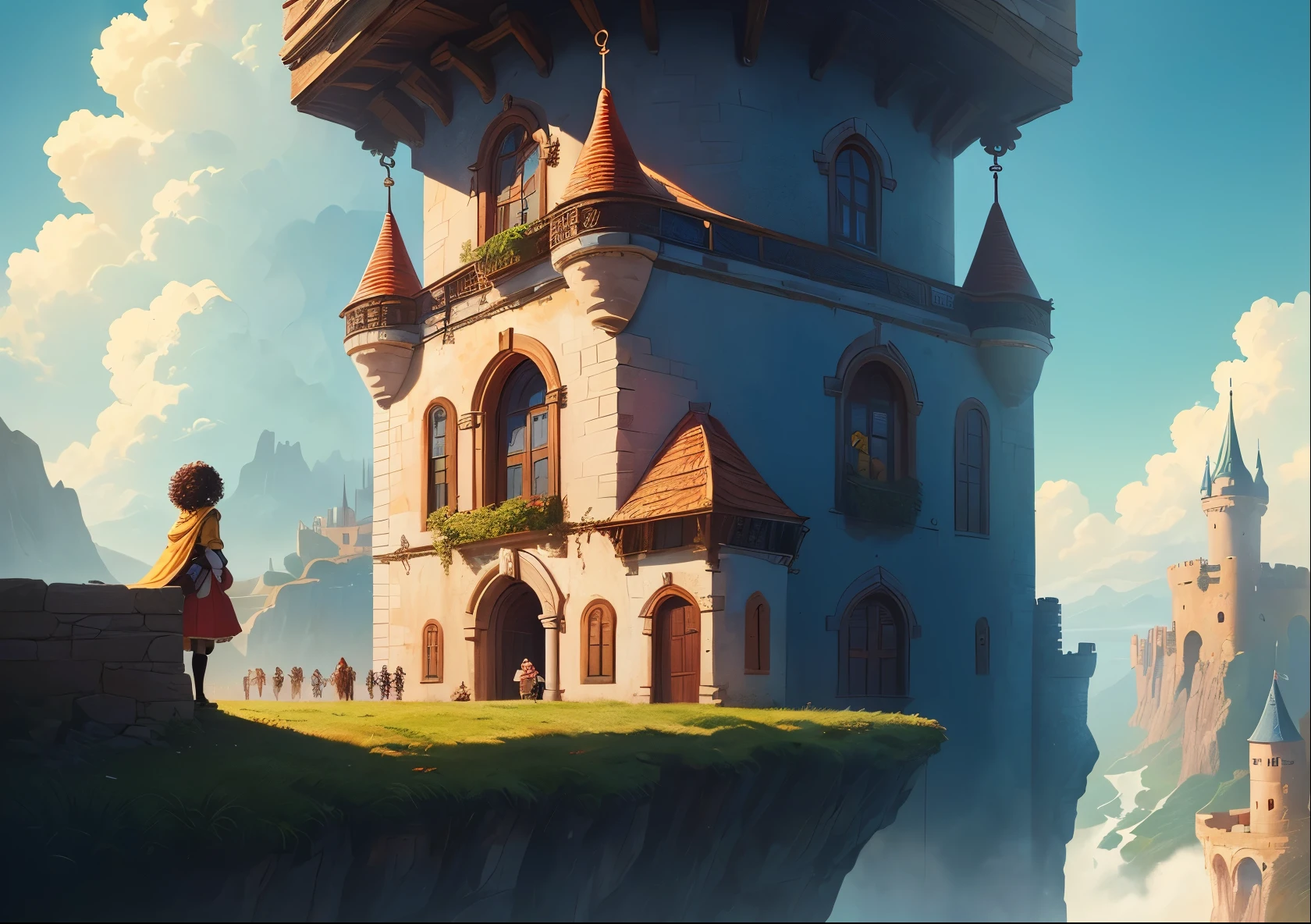 ((best quality)), ((masterpiece)), (detailed), floating castle in the sky, (two characters), ((male and female infront of the castle)), (((without facing me))), (two small figures in the foreground), (male with curly dark hair), (female with straight brown hair), not facing the camera, without facing me, girl with straight hair, two small characters