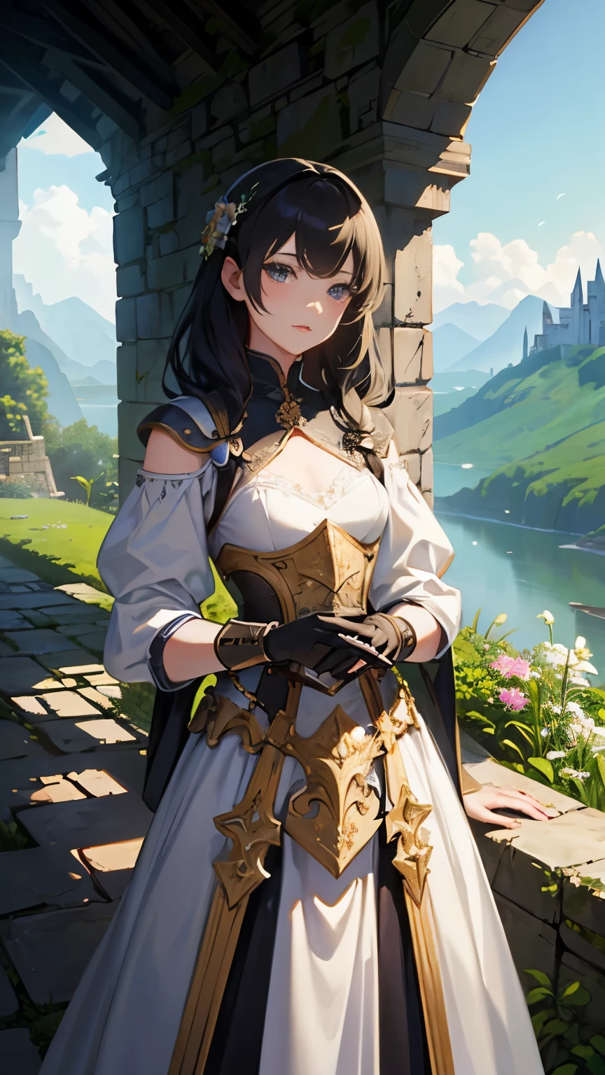 (highest quality、High resolution、masterpiece)、(Anime Art 4k)、(Realistic)、Portraiture、 (whole body)、(1 person)、20-year-old woman、( Woman in armor standing on top of a hill)、Beautiful Face、 (Facial details)、Black Hair、 short hair、 Beautiful Hair、Shiny Hair、(Put your hair up、Combing your hair)、Skin Texture、Slim figure、Small-chested medieval light armor、Beautiful Armor、Armor Skirt、lace-up bodice dress、steampunk、Carry a sword on one's waist、(Abandoned castle ruins)、Cinema Lighting、Ray Tracing、Soft Light、Landscape painted on a foggy morning、Outdoor、Nice views、Lake and mountains in the distant background々、(Sargent-style watercolor)、(Edmund Leighton Style)、