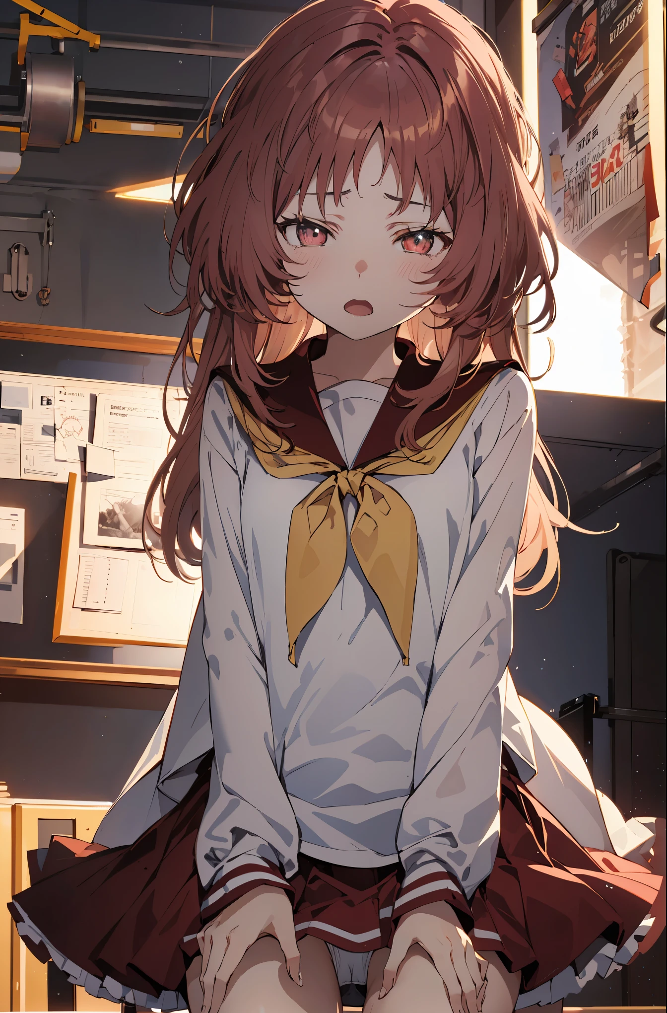 miewz, glasses, long hair, serafuku, sailor collar,yellow neckerchief, white shirt, purple eyes, , red skirt, red hair, (upper body:1.3),open mouth, embarrassed ,blush,arms behind back,(spread legs:1.3),(legs up),white panty,(cameltoe:1.3),masterpiece,Noise Reduction,perfect anatomy,high resolution, ultra-detailed,game cg,dutch angle ,beautiful detailed eyes,visualart,five fingers, perfect hands, perfect lighting,