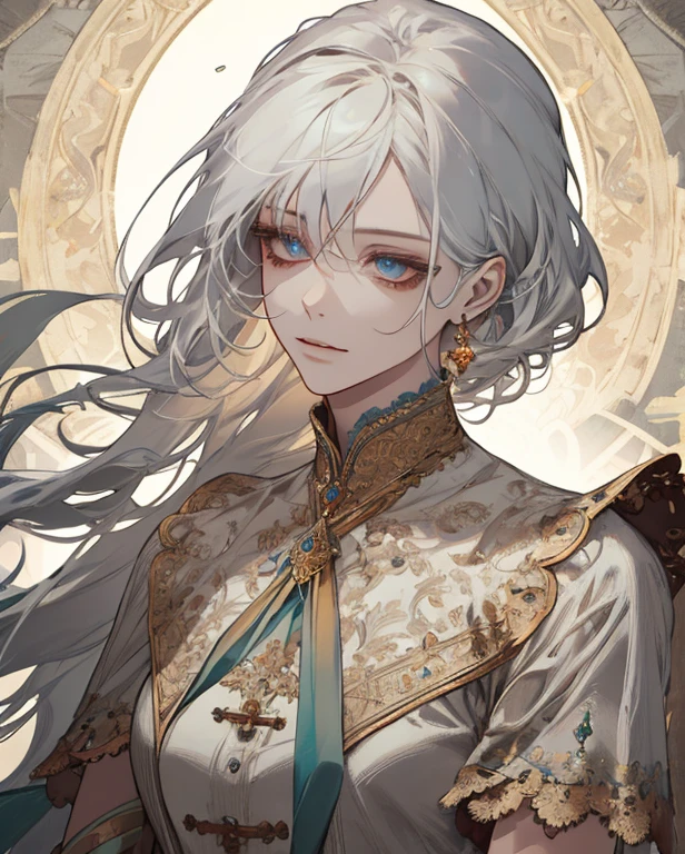(Extremely Delicate and Beautiful:1.2), 8K ,(Masterpiece:1.0),(best_quality:1.0), 1girl, mature woman, complex details, enlarged textures, complex details, finely detailed eyes and detailed face, intricate details, white hair, (closed mouth), perfect eyes, equal eyes, (goddess), perfect body, extremely detailed