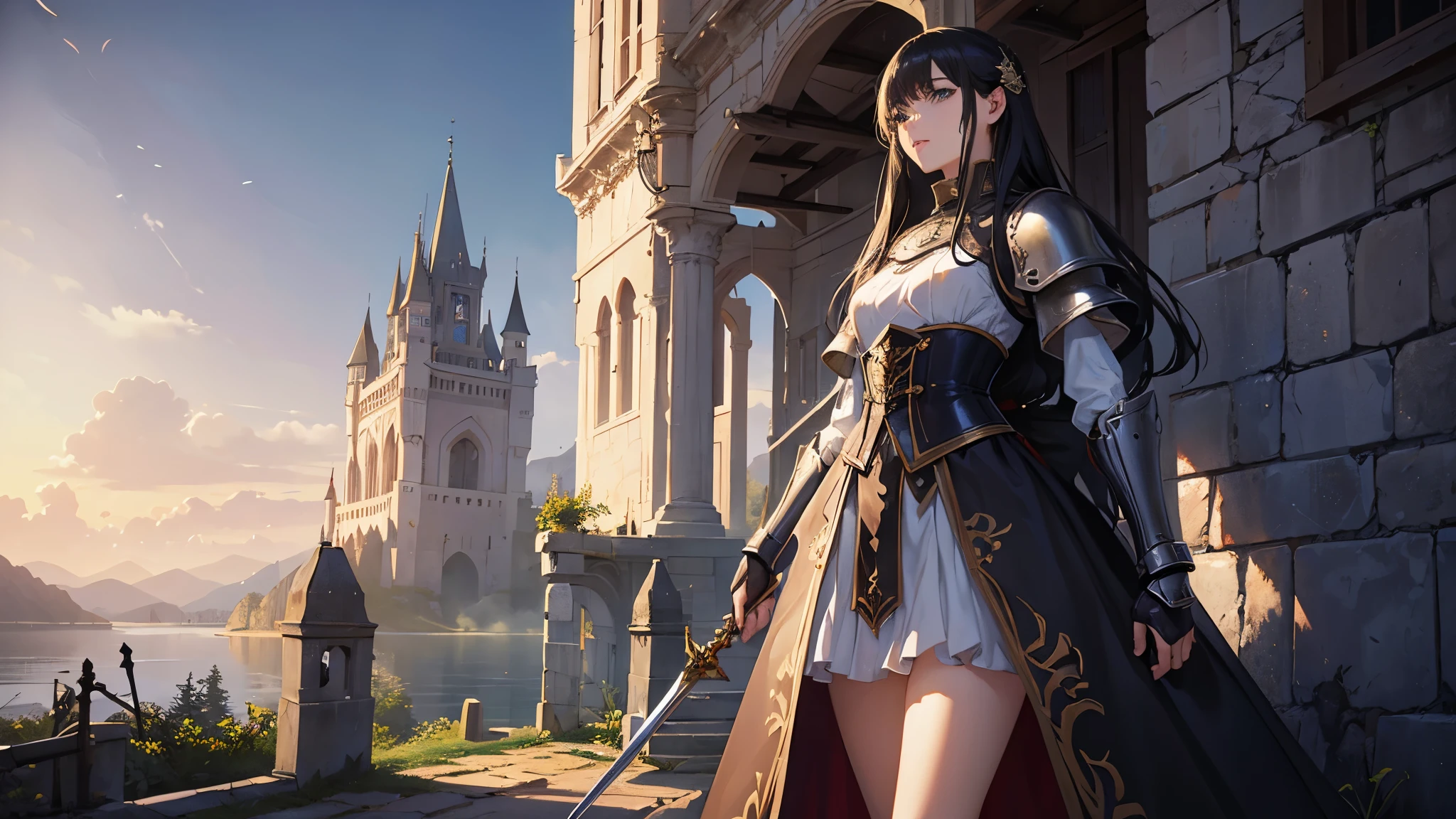 (highest quality、High resolution、masterpiece)、(Anime Art 4k)、(Realistic)、Portraiture、 (whole body)、(1 person)、20-year-old woman、( Woman in armor standing on top of a hill)、Beautiful Face、 (Facial details)、Black Hair、 short hair、 Beautiful Hair、Shiny Hair、(Put your hair up、Combing your hair)、Skin Texture、Slim figure、Small-chested medieval light armor、Beautiful Armor、Armor Skirt、lace-up bodice dress、steampunk、Carry a sword on one's waist、(Abandoned castle ruins)、Cinema Lighting、Ray Tracing、Soft Light、Landscape painted on a foggy morning、Outdoor、Nice views、Lake and mountains in the distant background々、(Sargent-style watercolor)、(Edmund Leighton Style)、