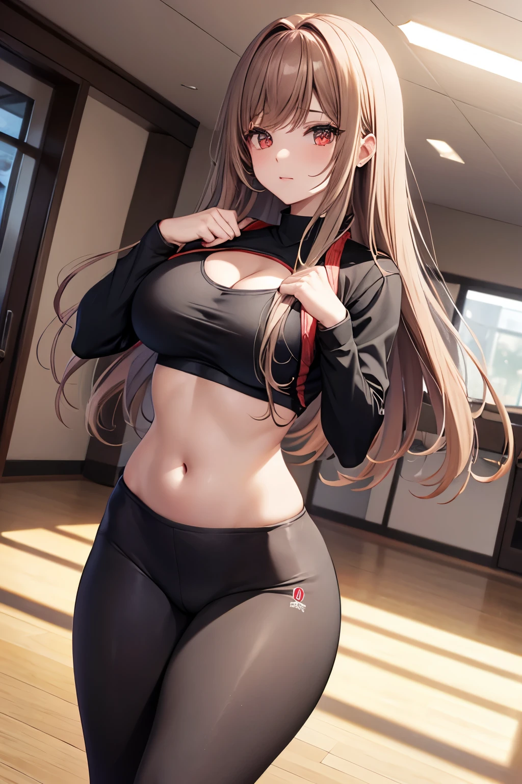 Game , goddess of victory nikke, Rapi , light brown hair,  alluring eyes ,beautiful face , crystal red eyes ,  long hair, Korean yoga clothes , yoga crop top, square neck, cleavage, long sleeve, green colour top, tight top, leggings, grey color leggings, g cup breast, slender waist, bewitching thighs, five fingers each hand, two hand ,two leg , at gym standing, elegant poses 