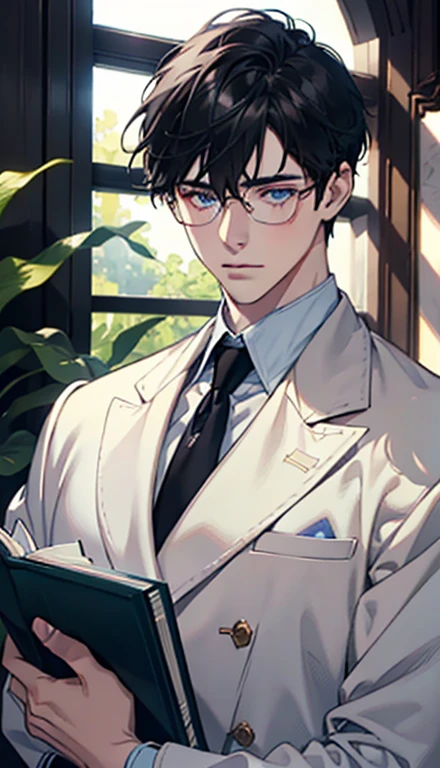 1 boy，male，young people，pale boy，plant，flowers，Low screen contrast，high brightness，Black hair，Glasses，blue eyes，soft light lighting，soft focus，, anime big breasts, Impressionism, movie lighting, close up, ultra high definition, masterpiece, high detail，book