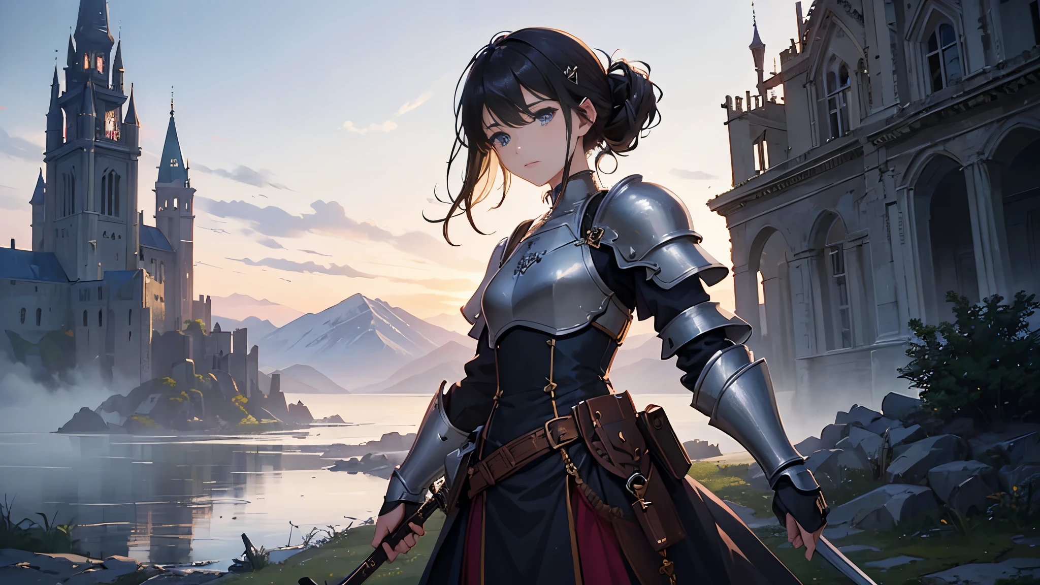 (highest quality、High resolution、masterpiece)、(Anime Art 4k)、(Realistic)、Portraiture、 (whole body)、(1 person)、20-year-old woman、( Woman in armor standing on top of a hill)、Beautiful Face、 (Facial details)、Black Hair、 short hair、 Beautiful Hair、Shiny Hair、(Put your hair up、Combing your hair)、Skin Texture、Slim figure、Small-chested medieval light armor、Beautiful Armor、Armor Skirt、lace-up bodice dress、steampunk、Carry a sword on one&#39;s waist、(Abandoned castle ruins)、Cinema Lighting、Ray Tracing、Soft Light、Landscape painted on a foggy morning、Outdoor、Nice views、Lake and mountains in the distant background々、(Sargent-style watercolor)、(Edmund Leighton Style)、