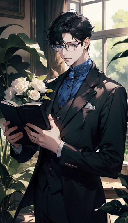 1 boy,male,young people,pale boy,plant,flowers,Low screen contrast,high brightness,Black hair,Glasses,blue eyes,soft light lighting,soft focus,, anime big breasts, Impressionism, movie lighting, close up, ultra high definition, masterpiece, high detail,book