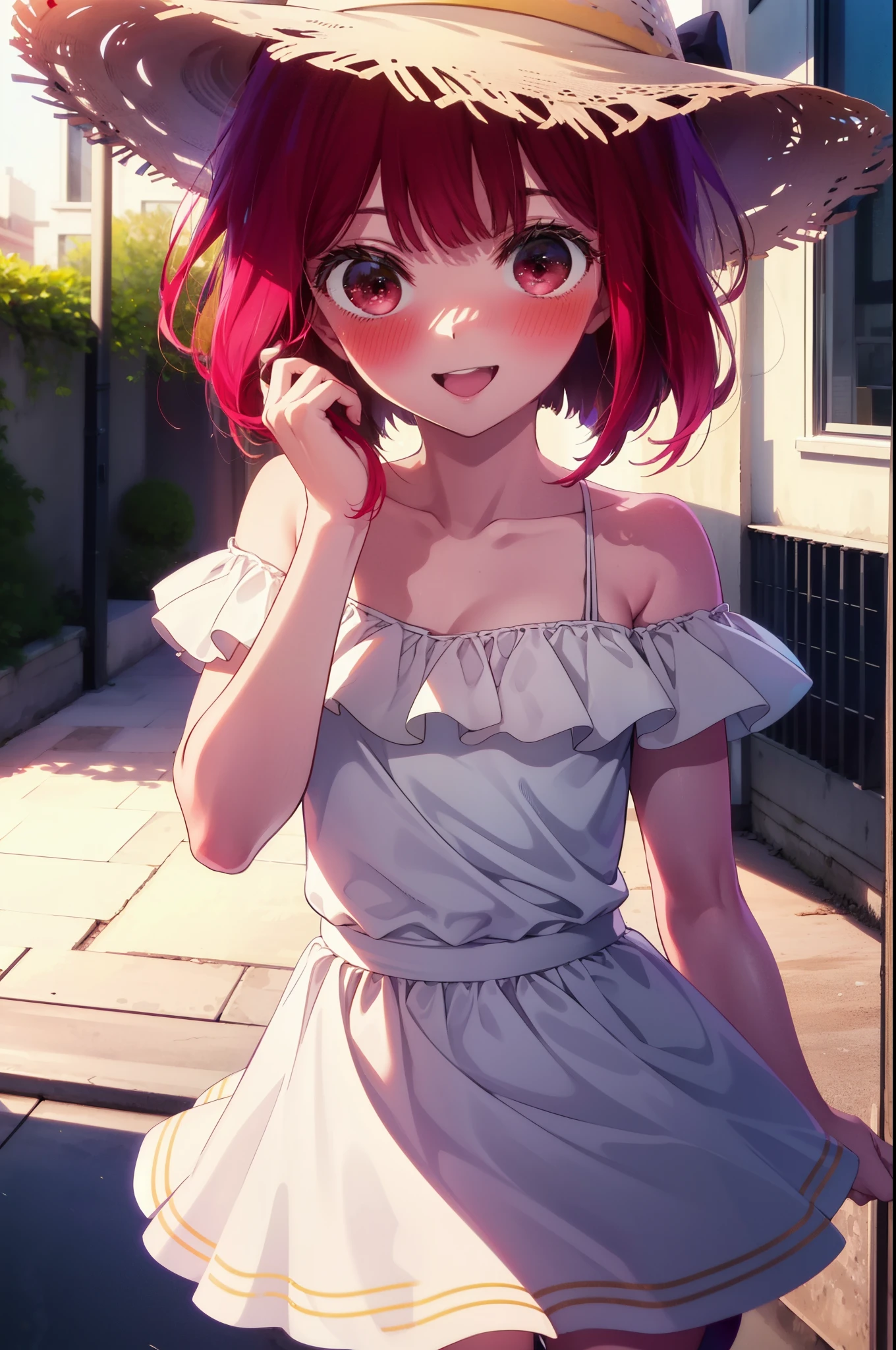 canary, Arima etc., Long Hair, bangs, (Red eyes:1.3), Redhead,smile,blush, happy smile, smile, Open your mouth,,Off-the-shoulder dress,Bare shoulders,Bare neck,bare clavicle,Long skirt,Cute Sandals,Straw hat,Daytime,Clear skies,whole bodyがイラストに入るように,Looking down from above,
break outdoors,In town,Building district,
break looking at viewer,whole body, (Cowboy Shot:1.5),
break (masterpiece:1.2), highest quality, High resolution, unity 8k wallpaper, (figure:0.8), (Beautiful fine details:1.6), Highly detailed face, Perfect lighting, Highly detailed CG, (Perfect hands, Perfect Anatomy),