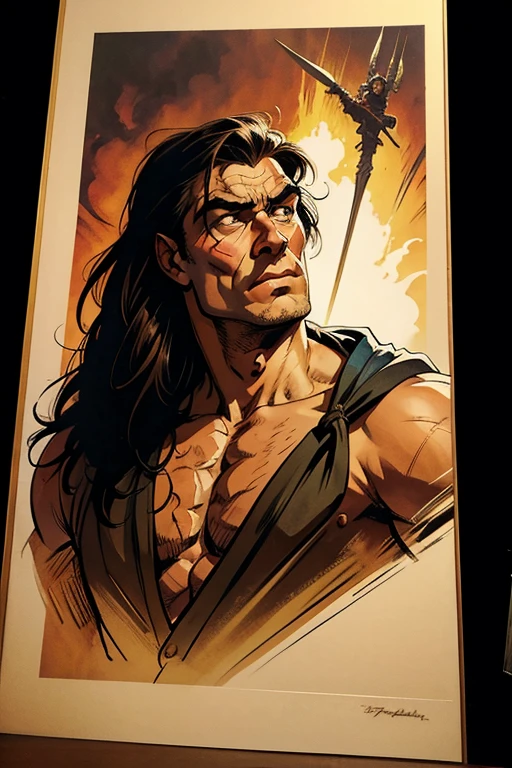 um desenho de um homem com uma faca e uma espada, Frank Frazetta Manga Style, Estilo de Bernie Wrightson, Marcos Brooks Frank Frazetta, Frank Frazetta, inspirado em Bernie Wrightson, Neal Adams | retrato, Illustration by Conan, the Barbarian, inspirado em Neal Adams, Estilo de Frank Frazetta, inspirado em Frank Frazetta, franco frazetta8k