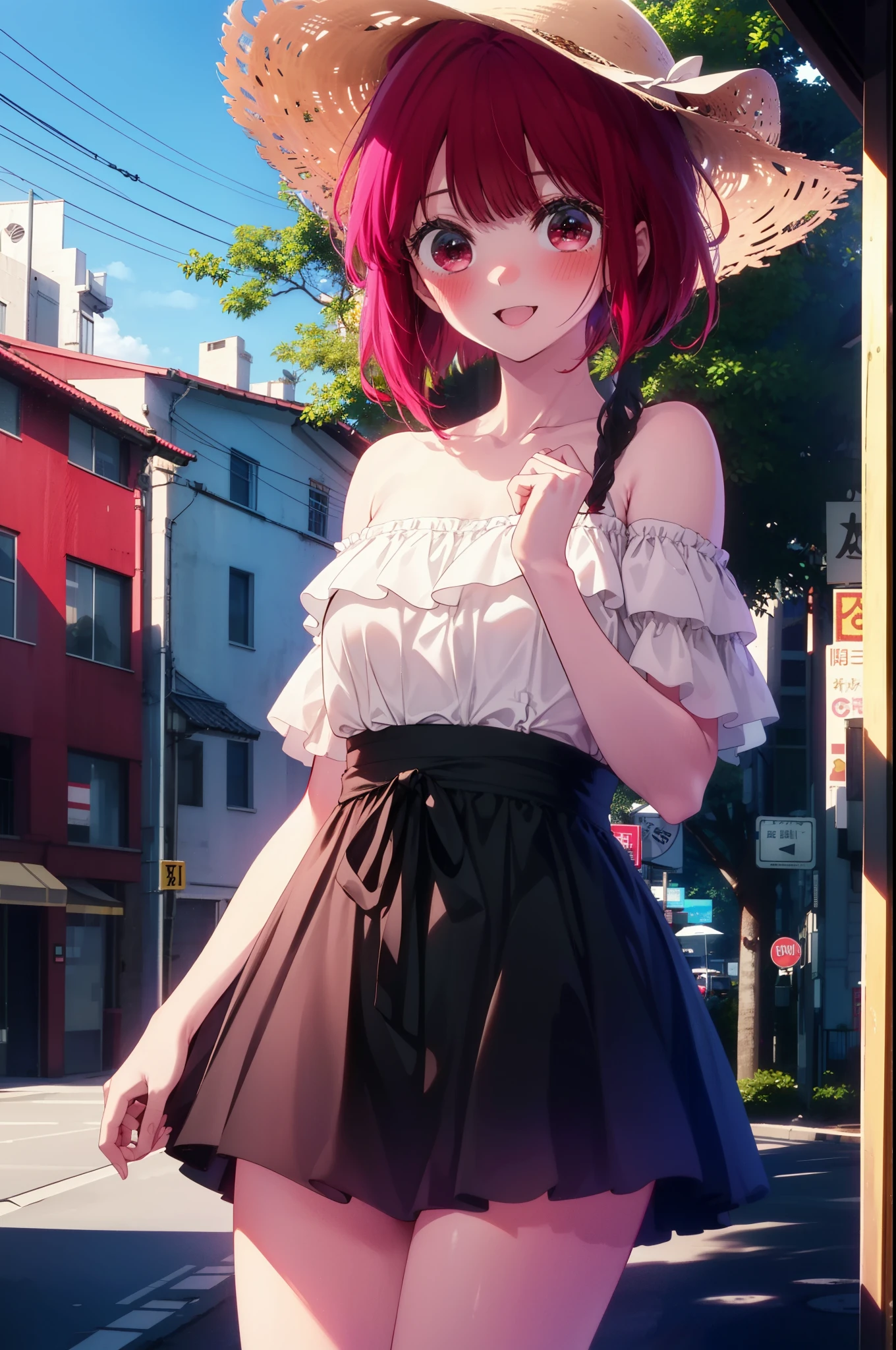 canary, Arima etc., Long Hair, bangs, (Red eyes:1.3), Redhead,smile,blush, happy smile, smile, Open your mouth,,Off-the-shoulder dress,Bare shoulders,Bare neck,bare clavicle,Long skirt,Cute Sandals,Straw hat,Daytime,Clear skies,whole bodyがイラストに入るように,Looking down from above,
break outdoors,In town,Building district,
break looking at viewer,whole body, (Cowboy Shot:1.5),
break (masterpiece:1.2), highest quality, High resolution, unity 8k wallpaper, (figure:0.8), (Beautiful fine details:1.6), Highly detailed face, Perfect lighting, Highly detailed CG, (Perfect hands, Perfect Anatomy),