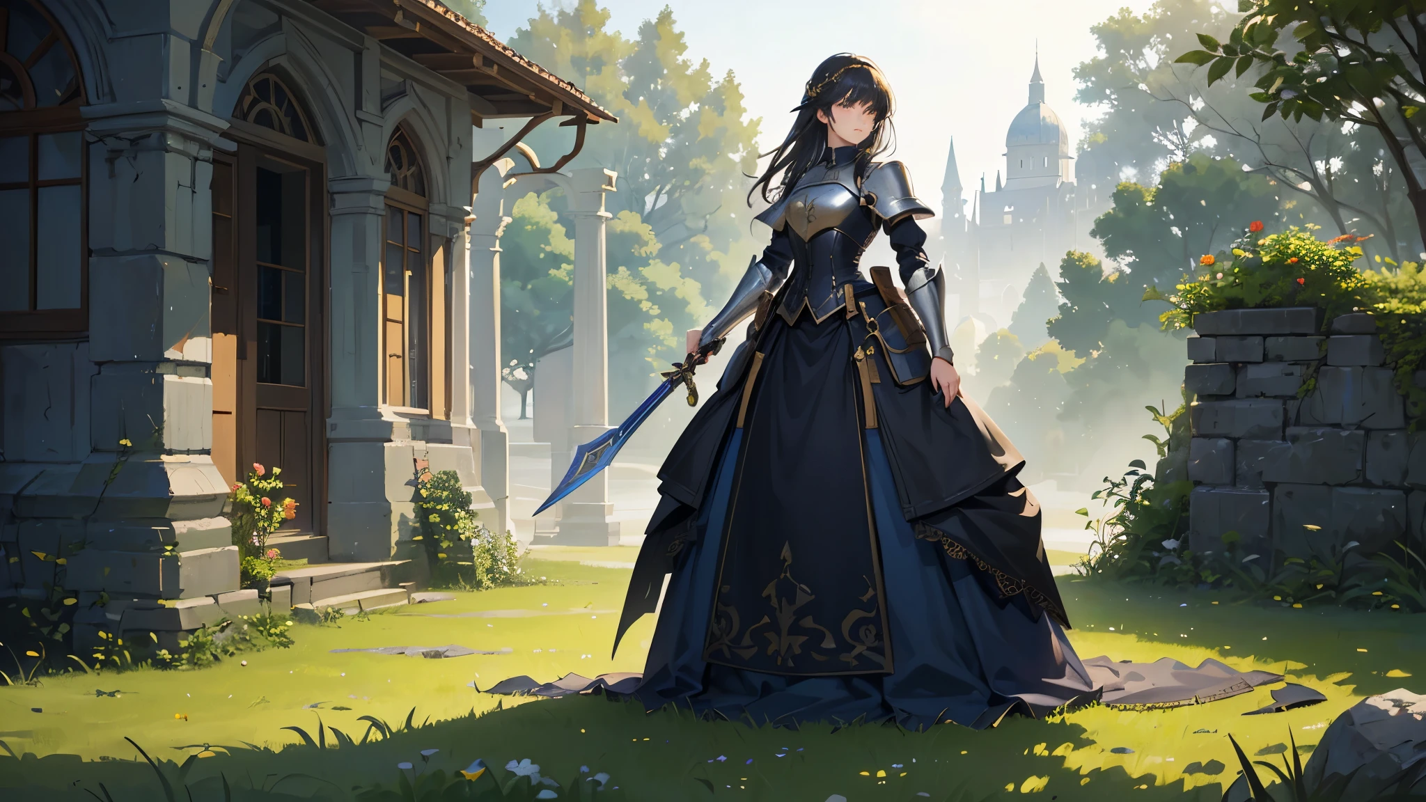 (highest quality、High resolution、masterpiece)、(Anime Art 4k)、(Realistic)、Portraiture、 (whole body)、(1 person)、20-year-old woman、( Woman in armor standing on top of a hill)、Beautiful Face、 (Facial details)、Black Hair、 short hair、 Beautiful Hair、Shiny Hair、(Put your hair up、Combing your hair)、Skin Texture、Slim figure、Small-chested medieval light armor、Beautiful Armor、Armor Skirt、lace-up bodice dress、steampunk、Carry a sword on one's waist、(Abandoned castle ruins)、Cinema Lighting、Ray Tracing、Soft Light、Landscape painted on a foggy morning、Outdoor、Nice views、forest、Lake and mountains in the distant background々、(Sargent-style watercolor)、(Edmund Leighton Style)、
