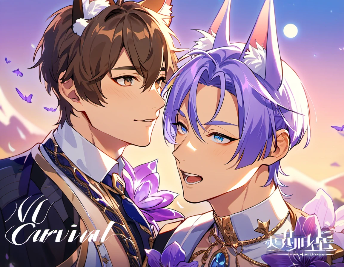 absurdres, highres, ultra detailed, HDR, master piece, best quality, Eiden, brown hair, expressive brown eyes, Nu Carnival, Kuya, light-purple hair, expressive blue eyes, fox ears, two men together, gay couple, handsome, fantasy clothes, moon, purple lilies, purple butterflies, purple flames, sky