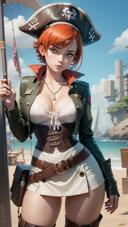 gwen tennyson,tracer,yorha 2b,nami, rebecca chambers,reisalin stout,pirate outfit,beach,teenager,green eyes,thigh high boots,garter belt,striped panties, short hair,orange hair,pirate ship,shy smile,white striped top,tight skirt,wet shirt,freckles,redhead,pirate corset,pirate jacket,beautiful girl,large breasts,ultra detailed,realistic,pearl earrings,long scarf,sash belt,