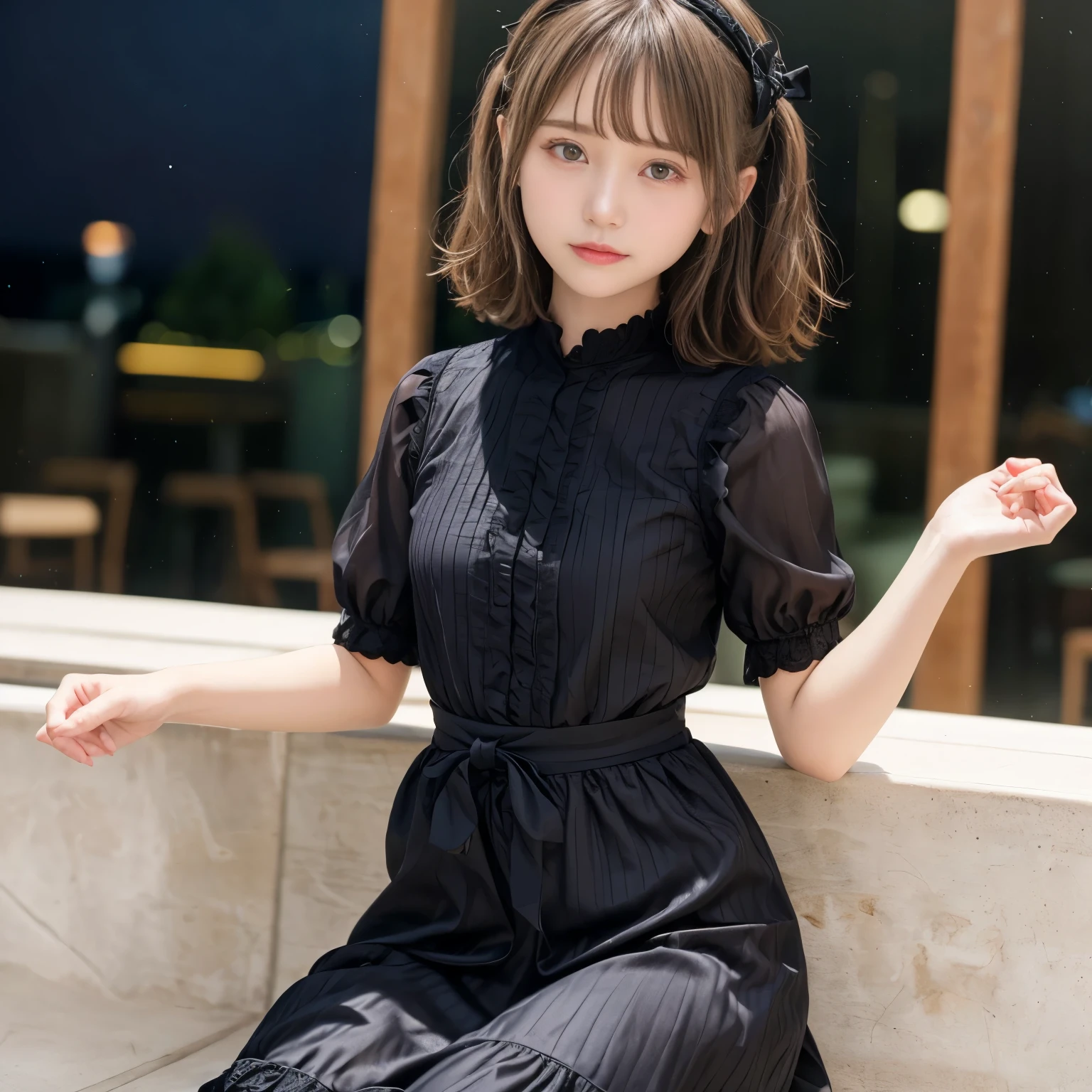 highest quality,(( 8K)), Raw photo, alone, Delicate girl、furubodey、Idol Face, night, Digital single-lens reflex camera, Watching the audience,club、Frank, Sophisticated, Zola々right, Professional Lighting, Film Grain、Black clothes、lol、Waist、Mini Dress、fromabove,Smile、chest、Twin tails、Short Hair、((Straight Hair))、(blunt bangs)、Ultra HD,(8)k,(1 Female:1.2 Beautiful and natural、High quality texture, Intricate details, Fine texture, High Detail, Highly detailed CG, High Quality Shadows, Realistic facial expressions, Beautiful and delicate face down to the last detail, Beautiful and delicate eyes, Brown pupil, A perfectly balanced face, Depth of written boundary, Cinematic Light, Lens flare, Ray Tracing,perspective (Big eyes:1.2),Blushing cheeks, Perfect body,(Dutch Angle,Excellent anatomy,, elegant, Bright colors, 、((lolう))、Waist、(Gothic Lolita)、Mini Dress、Small Mouth、大きなchest、((Black clothing))、((Cafe))、((furubody))、Glossy clothing、((Silk luster))、Silk dress、((15 years old))、(night)、