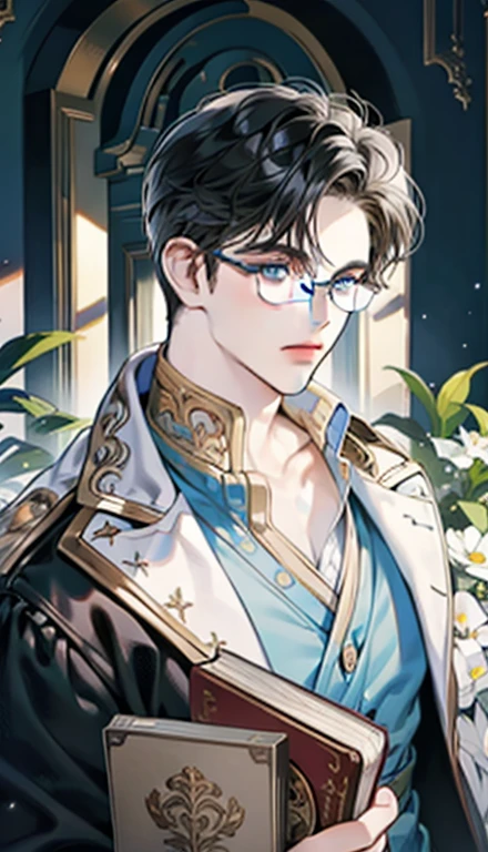 1 boy,male,young people,pale boy,plant,flowers,Low screen contrast,high brightness,Black hair,Glasses,blue eyes,soft light lighting,soft focus,, anime big breasts, Impressionism, movie lighting, close up, ultra high definition, masterpiece, high detail,book