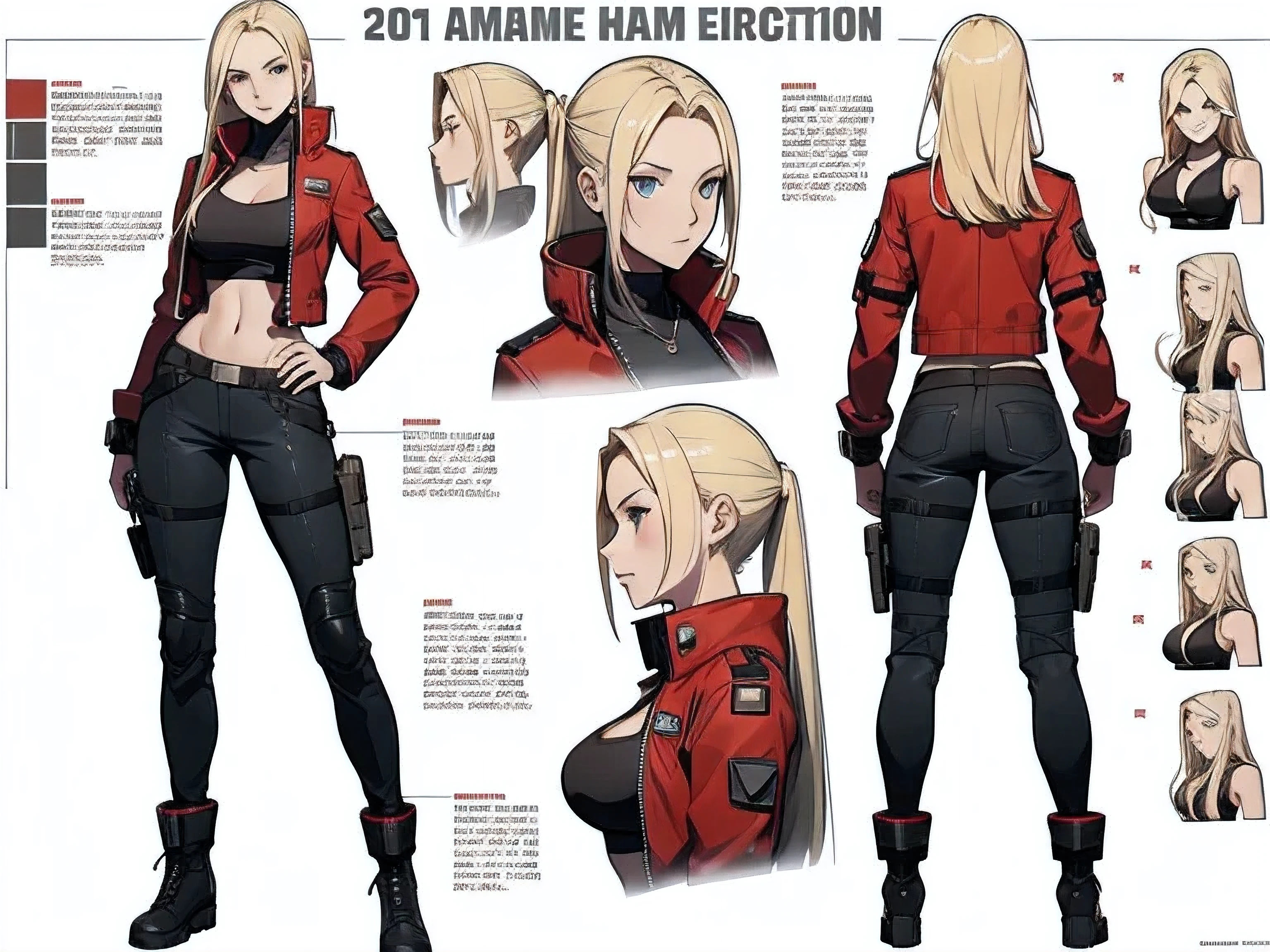 A woman, 20 years old, long blonde hair, tall boots, futuristic red jacket, tank top, cleavage, military pants, tech equipment, Jill valentine, dog tag, various angles, (front, back, side), character sheet, model sheet, reference sheet.