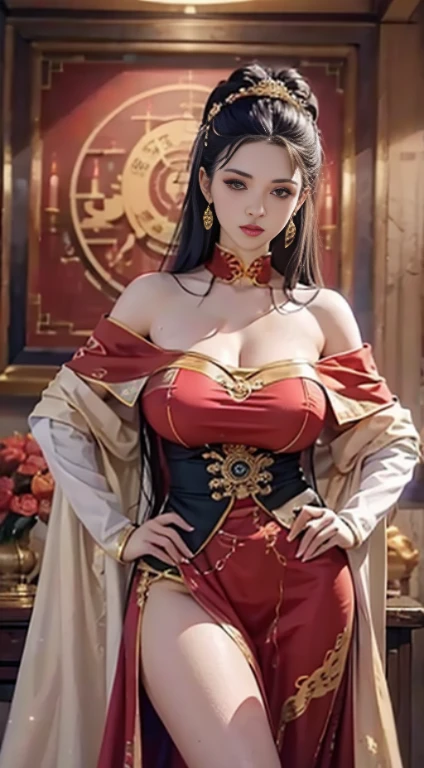 (from outside) , many colors,best quality,masterpiece,realistic photos,Intricate details,RAW photos,court,Gorgeous cheongsam,Extra-long hair,Off-shoulder,Delicate face,(Huge sagging breasts、Showing cleavage,)),cleveage、, Thick thighs,Perfect body,decorate,Perfect fingers,anatomically correct,(The room is very big,0.8),Shiny skin,Hands on hips