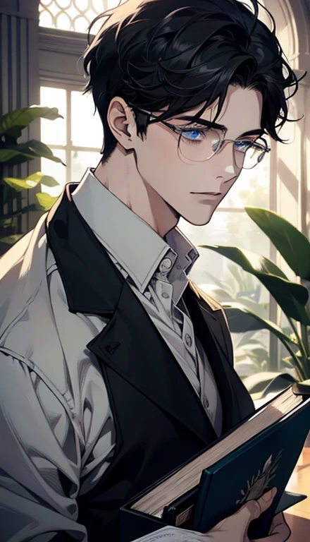1 boy,male,young people,pale boy,plant,flowers,Low screen contrast,high brightness,Black hair,Glasses,blue eyes,soft light lighting,soft focus,, anime big breasts, Impressionism, movie lighting, close up, ultra high definition, masterpiece, high detail,book