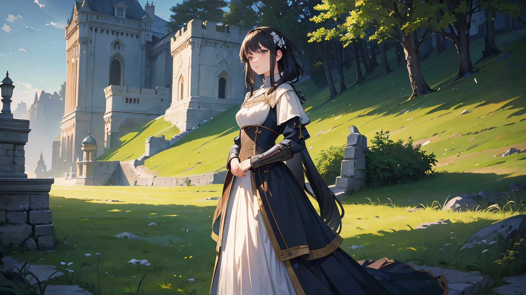 (highest quality、High resolution、masterpiece)、(Anime Art 4k)、(Realistic)、Portraiture、 (whole body)、(2 people)、20-year-old woman、( Woman in armor standing on top of a hill)、Beautiful Face、 (Facial details)、Black Hair、 short hair、 Beautiful Hair、Shiny Hair、(Put your hair up、Combing your hair)、Skin Texture、Slim figure、Small-chested medieval light armor、Beautiful Armor、Armor Skirt、lace-up bodice dress、steampunk、Carry a sword on one's waist、(Abandoned castle ruins)、Cinema Lighting、Ray Tracing、Soft Light、Landscape painted on a foggy morning、Outdoor、Nice views、forest、Lake and mountains in the distant background々、(Sargent-style watercolor)、(Edmund Leighton Style)、