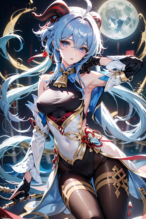 (Realistic:1.4)(masterpiece, Side light, Beautiful, detailed eyes: 1.2),(whole body:1.1), masterpiece*Portraiture, Realistic, 3D Face, Hired ,(Genshin Impact\)、One girl, Ahoge, architecture, With bangedium chest,80 denier tights、Tights up to the neck、 Long legs、Thin legs、Small waist、Perfect Style Ganyu_Genshin, 1girl, solo, long hair, blue hair, purple eyes, low ponytail, ahoge, horns, long hair, low ponytail,bare shoulders, neck bell, bodystocking, white dress, gold trim, flower knot, detached sleeves, black gloves, pelvic curtain, thighlet, pantyhose,、 Exposing shoulders,, Shiny black pantyhose，Black Pantyhose、（Light blue hair），Beautiful Eyes、，Chinese knot，sleeve，Flower knot，Mitt，Red Corner，Long white hair，Looking at the audience，Neck bell、Starry sky with moon、Beautiful leg line、Cute ass
