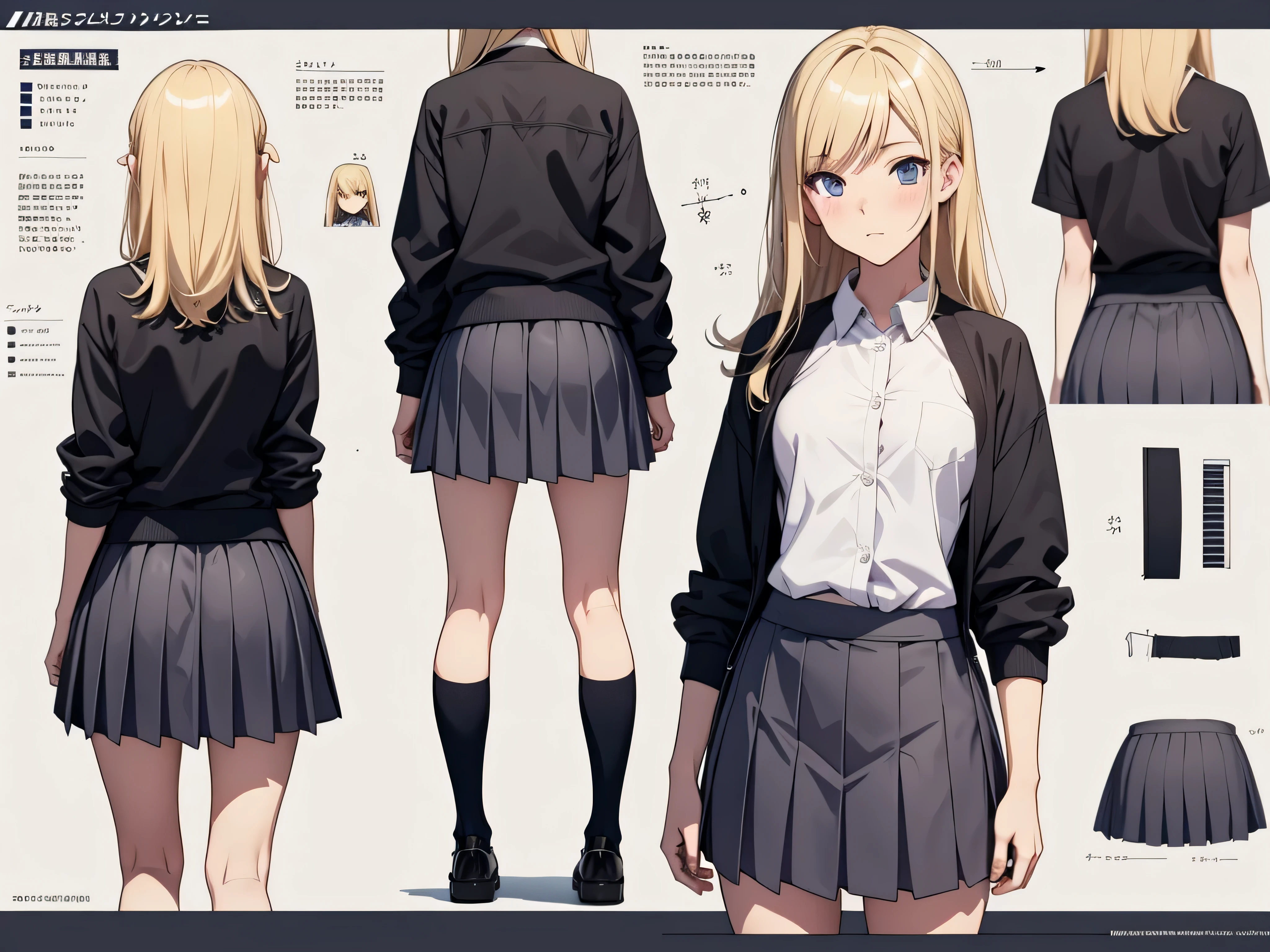 Skirt, high school girl, Joshi kosei, , blonde, various angles, (front, back, side), character sheet, model sheet, reference sheet.