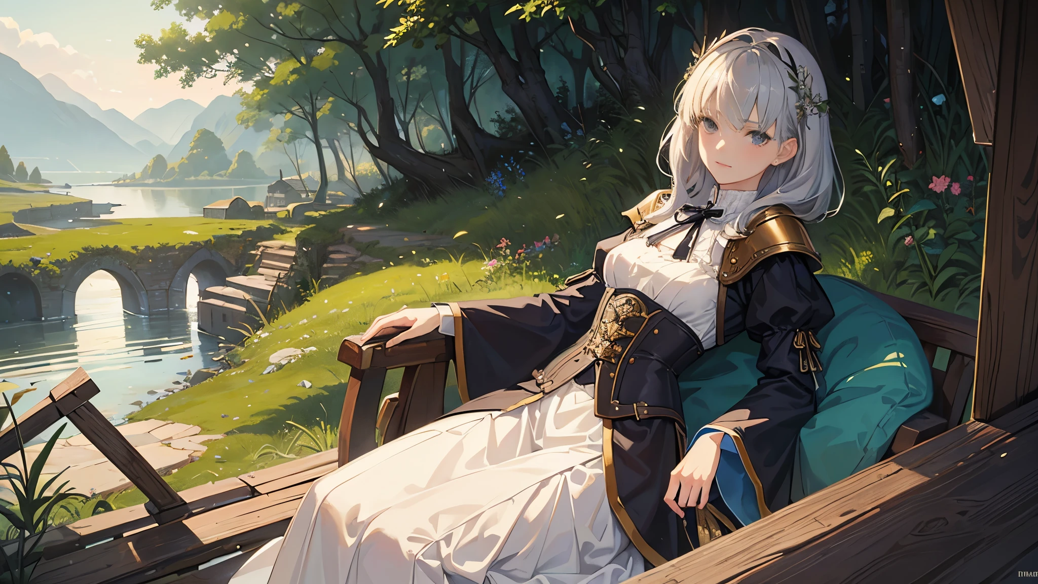 (highest quality、High resolution、masterpiece)、(Anime Art 4k)、(Realistic)、Portraiture、 (whole body)、(2 people)、20-year-old woman、( Woman in armor standing on top of a hill)、Beautiful Face、 (Facial details)、Black Hair、 short hair、 Beautiful Hair、Shiny Hair、(Put your hair up、Combing your hair)、Skin Texture、Slim figure、Small-chested medieval light armor、Beautiful Armor、Armor Skirt、lace-up bodice dress、steampunk、Carry a sword on one&#39;s waist、(Abandoned castle ruins)、Cinema Lighting、Ray Tracing、Soft Light、Landscape painted on a foggy morning、Outdoor、Nice views、forest、Lake and mountains in the distant background々、(Sargent-style watercolor)、(Edmund Leighton Style)、
