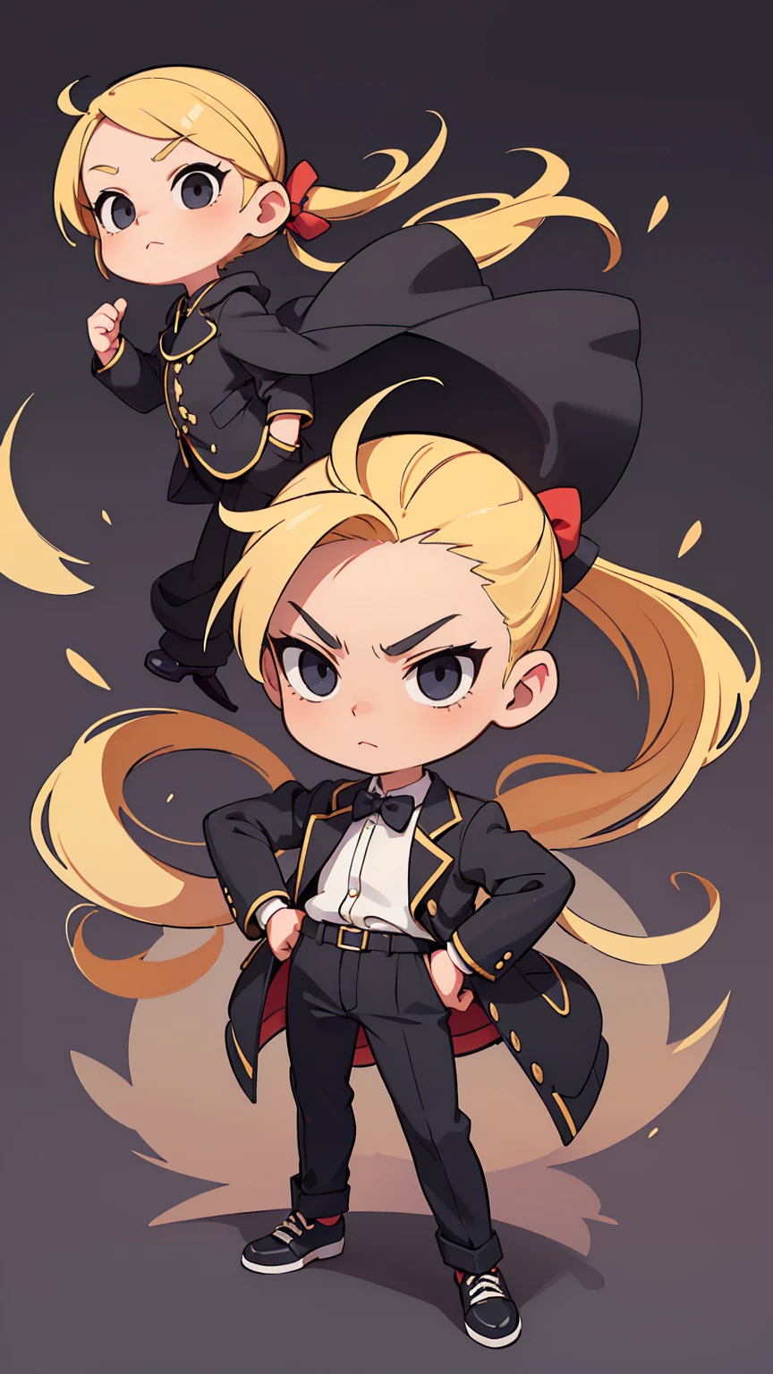  (beautiful and aesthetic: 1.2), (1 little boy), ((blonde long ponytail hair)) ((dark black eyes)), chibi, 1 boy, kindergarten, children's furniture, children's toys, full body, luxury jacket, trousers, blouse with luxury print, shoes, arrogant and daring look, daring pose, arrogant look
