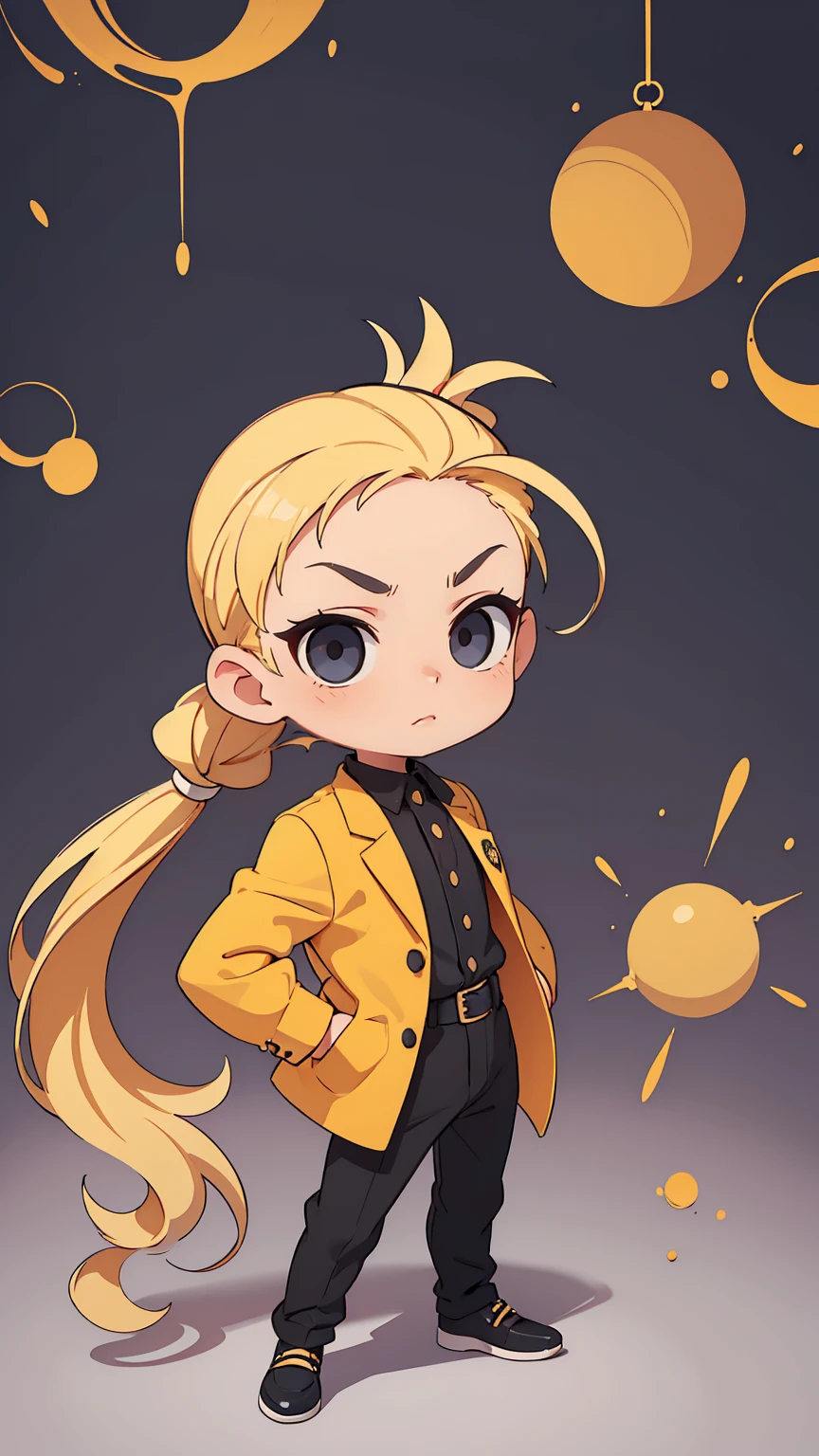 (beautiful and aesthetic: 1.2), (1 ), ((blonde long ponytail hair)) ((dark black eyes)), chibi, 1 boy, kindergarten, children's furniture, children's toys, full body, luxury jacket, trousers, blouse with luxury print, shoes, arrogant and daring look, daring pose, arrogant look