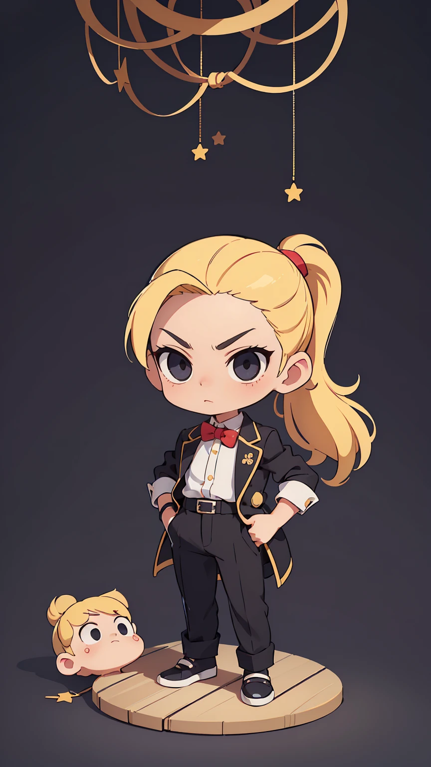  (beautiful and aesthetic: 1.2), (1 little boy), ((blonde long ponytail hair)) ((dark black eyes)), chibi, 1 boy, kindergarten, children's furniture, children's toys, full body, luxury jacket, trousers, blouse with luxury print, shoes, arrogant and daring look, daring pose, arrogant look