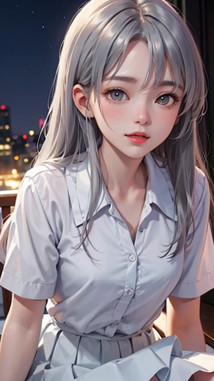 Blushing lightly and smiling, (Top quality masterpiece:1.2) Delicate illustrations, Very detailed, /Beautiful woman Japan in her 30s、1 person,Very cute and slim、Excellent style 、((8K images、super high quality))、Very delicate face, Skin and Hair、beautiful forehead、Red lipstick、Long Hair,(((((Gradient Hair、Silver Hair))))),Very cute Japanese cut face、Eyes and nose are clearly visible、Kind eyes,(((White blouse、Tight Skirt)))、Night view