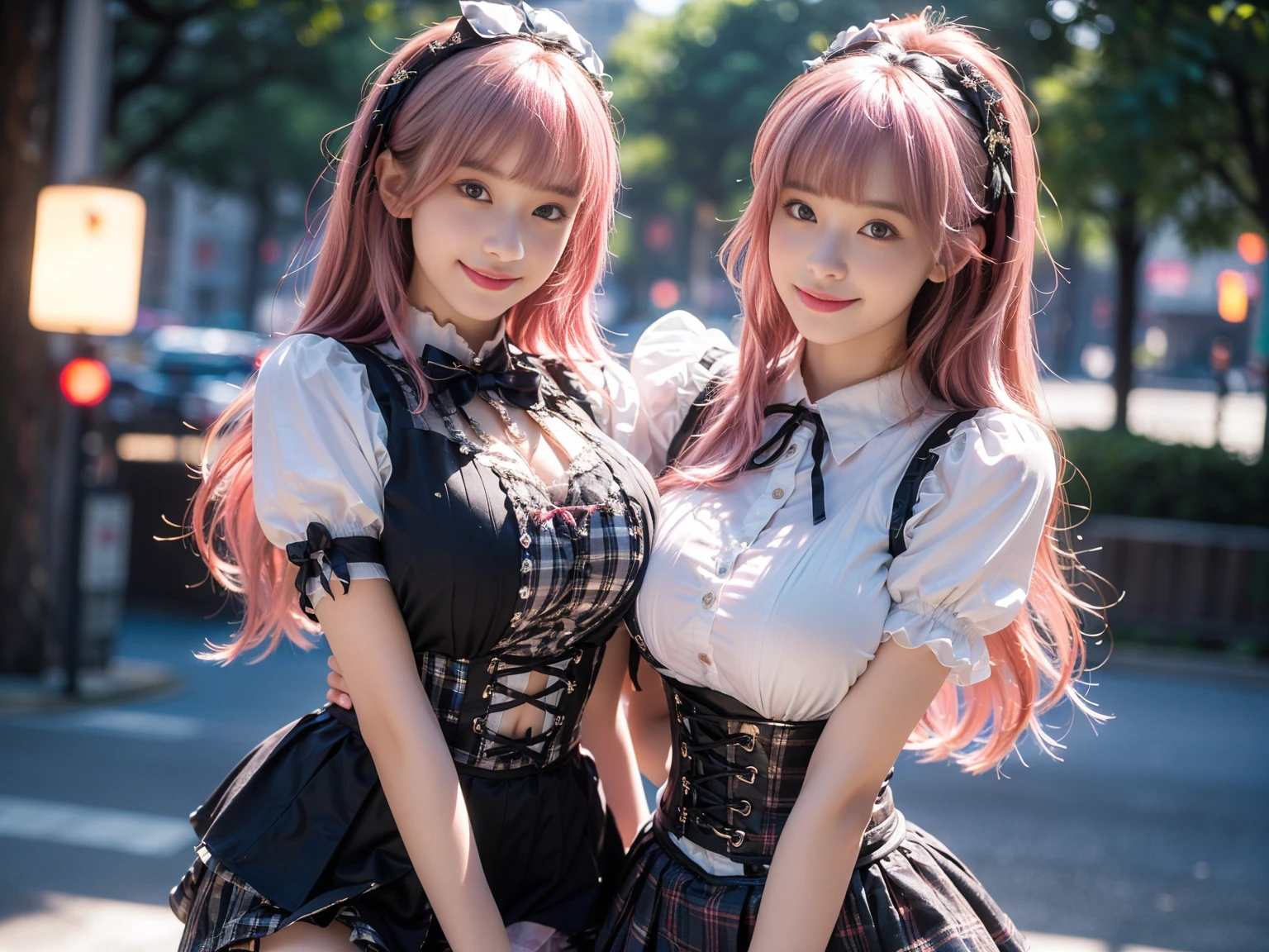 (masterpiece, realistic, photo-realistic:1.2), finely detail, ultra high res, perfect anatomy, best quality, 8K, soft focus, upper body shot, (happy smile:1.3), (2girls, yo Japanese girls, height 1.5meters:1.2), (gothic lolita, puffy short sleeves, corset vest, mini-skirt, frills, gothic maid with tartan checked patterns, elaborated costume:1.2), (sexy pose emphasized breasts, standing on road, cleavage, focus on breasts:1.2), (light pink hair, blunt bangs:1.2), beautiful detailed face and big eyes, (white and smooth skin, glowing fair skin:1.3), (pointed huge breasts, gigantic breasts:1.3), (bloom, detailed background, beautiful downtown, superb view in Harajuku:1.2),