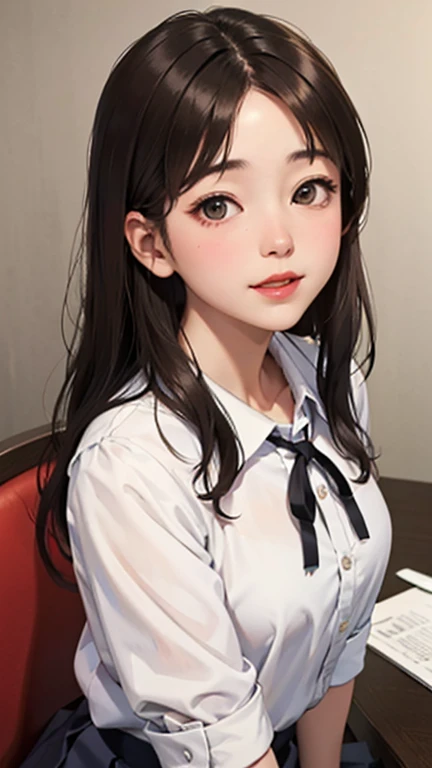 Blushing lightly and smiling, (Top quality masterpiece:1.2) Delicate illustrations, Very detailed, /Beautiful woman Japan in her 30s、1 person,Very cute and slim、Excellent style 、((8K images、super high quality))、Very delicate face, Skin and Hair、beautiful forehead、Red lipstick、Long Hair,(((((Gradient Hair、Brown Hair))))),Very cute Japanese cut face、Eyes and nose are clearly visible、Kind eyes,(((White blouse、Tight Skirt)))