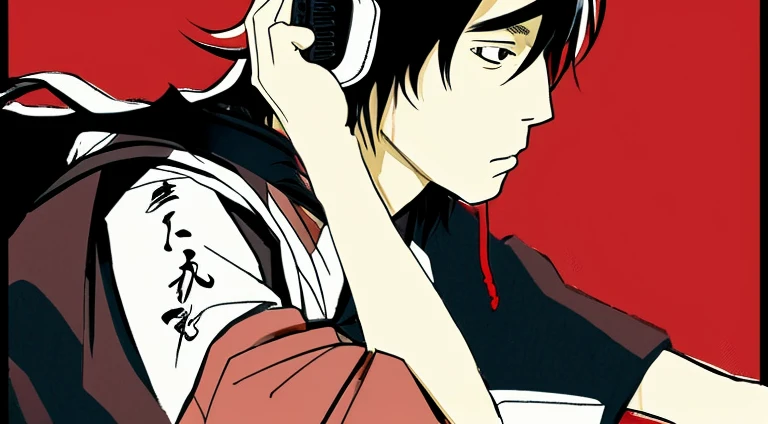 Lo-Fi,Japanese anime style,Ghibli,samurai,male.Listening to music through headphones,knife,