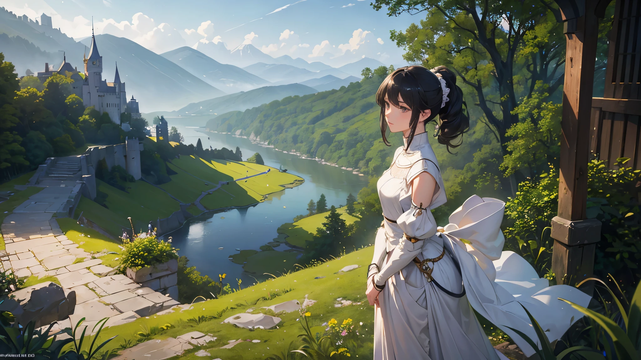 (highest quality、High resolution、masterpiece)、(Anime Art 4k)、(Realistic)、Portraiture、 (whole body)、(2 people)、20-year-old woman、( Woman in armor standing on top of a hill)、Beautiful Face、 (Facial details)、Black Hair、 short hair、 Beautiful Hair、Shiny Hair、(Put your hair up、Combing your hair)、Skin Texture、Slim figure、Small-chested medieval light armor、Beautiful Armor、Armor Skirt、lace-up bodice dress、steampunk、Carry a sword on one&#39;s waist、(Abandoned castle ruins)、Cinema Lighting、Ray Tracing、Soft Light、Landscape painted on a foggy morning、Outdoor、Nice views、forest、Lake and mountains in the distant background々、(Sargent-style watercolor)、(Edmund Leighton Style)、