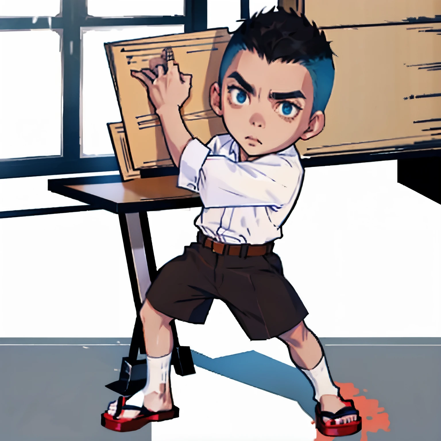 chibi character ,a 1 Boy , Short Mohawk Spiky hair ,black hair, Thin,a ,not wearing socks ,Flip flops, in classroom