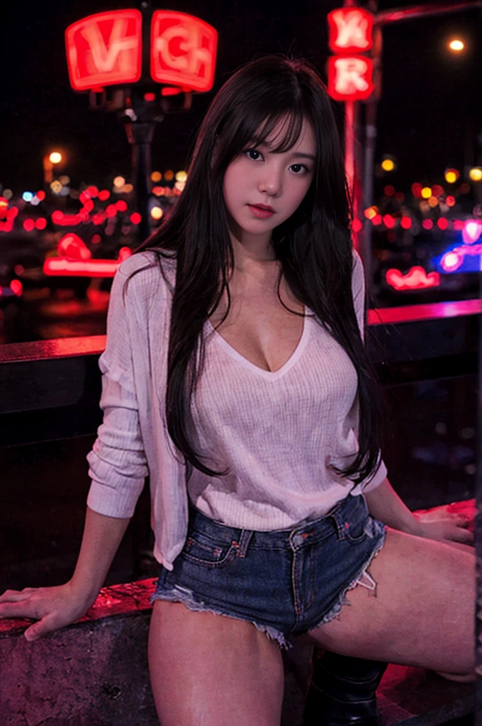 lady, posing seductively to viewer, solo:1, pov, beautiful thick thighs,
red light district background, long hair, 3/4 body, V neck mini hot shorts