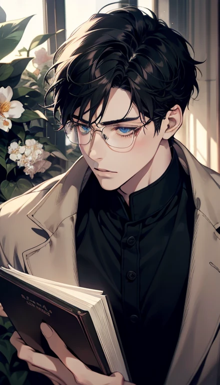 1 boy，male，young people，pale boy，plant，flowers，Low screen contrast，high brightness，Black hair，Glasses，blue eyes，soft light lighting，soft focus，, anime big breasts, Impressionism, movie lighting, close up, ultra high definition, masterpiece, high detail，book
