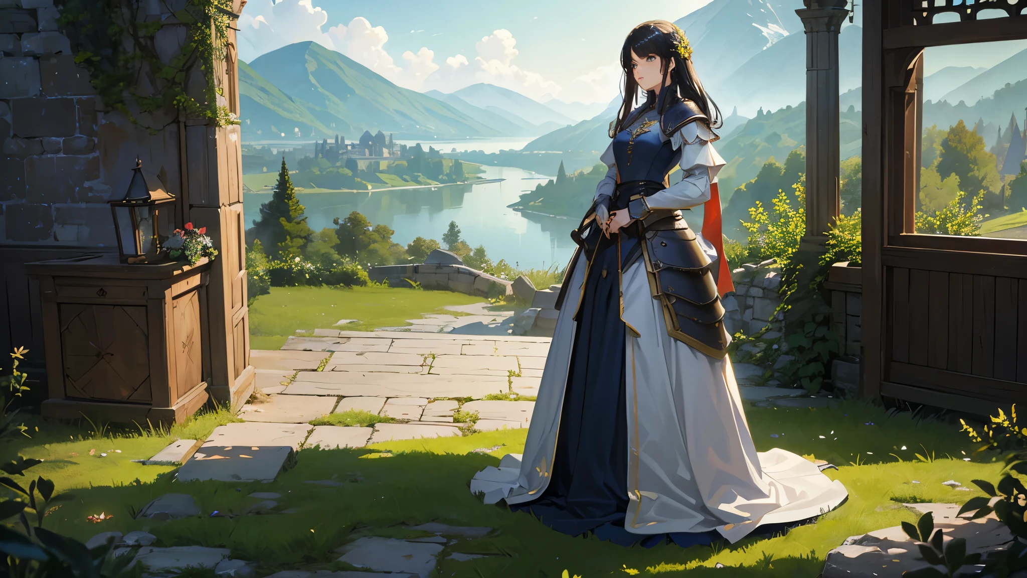 (highest quality、High resolution、masterpiece)、(Anime Art 4k)、(Realistic)、Portraiture、 (whole body)、(2 people)、20-year-old woman、( Woman in armor standing on top of a hill)、Beautiful Face、 (Facial details)、Black Hair、 short hair、 Beautiful Hair、Shiny Hair、(Put your hair up、Combing your hair)、Skin Texture、Slim figure、Small-chested medieval light armor、Beautiful Armor、Armor Skirt、lace-up bodice dress、steampunk、Carry a sword on one&#39;s waist、(Abandoned castle ruins)、Cinema Lighting、Ray Tracing、Soft Light、Landscape painted on a foggy morning、Outdoor、Nice views、forest、Lake and mountains in the distant background々、(Sargent-style watercolor)、(Edmund Leighton Style)、