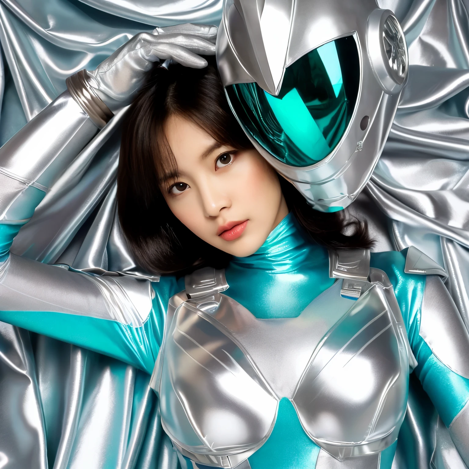 best image quality、Super high resolution、(realism:1.4)、Korean beauty star、The most beautiful KPOP star、horny face、Horny Korean makeup、erotic expression、A body that makes you want to touch it、erotic photos、((Realistic shiny satin fabric texture、High-gloss stretch satin fabric that is smooth and smooth to the touch.、The drape of the curved part of the shiny satin fabric、strong shiny costume、The smooth and beautiful quality and luster of the costumes、A shiny costume made of high-quality satin fabric with high density.、Smooth to the touch oil light liang ice 縝绸 ultra-class battleship skin coat COS、Super Sentai Women's Heroine Suit、Texture of costumes that satin fetishists respond to、Thin, glossy stretch satin fabric)),8K photo quality