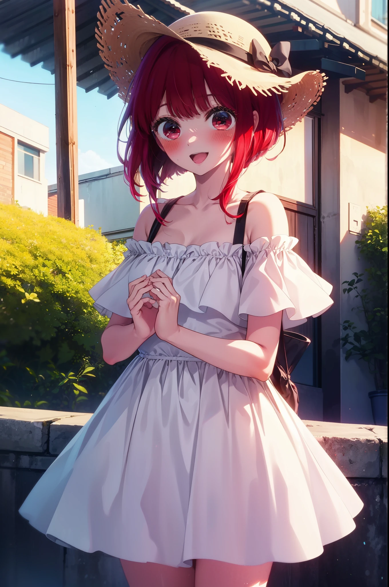 canary, Arima etc., Long Hair, bangs, (Red eyes:1.3), Redhead,smile,blush, happy smile, smile, Open your mouth,,Off-the-shoulder dress,Bare shoulders,Bare neck,bare clavicle,Long skirt,Cute Sandals,Straw hat,Daytime,Clear skies,whole bodyがイラストに入るように,Looking down from above,
break outdoors,In town,Building district,
break looking at viewer,whole body, (Cowboy Shot:1.5),
break (masterpiece:1.2), highest quality, High resolution, unity 8k wallpaper, (figure:0.8), (Beautiful fine details:1.6), Highly detailed face, Perfect lighting, Highly detailed CG, (Perfect hands, Perfect Anatomy),