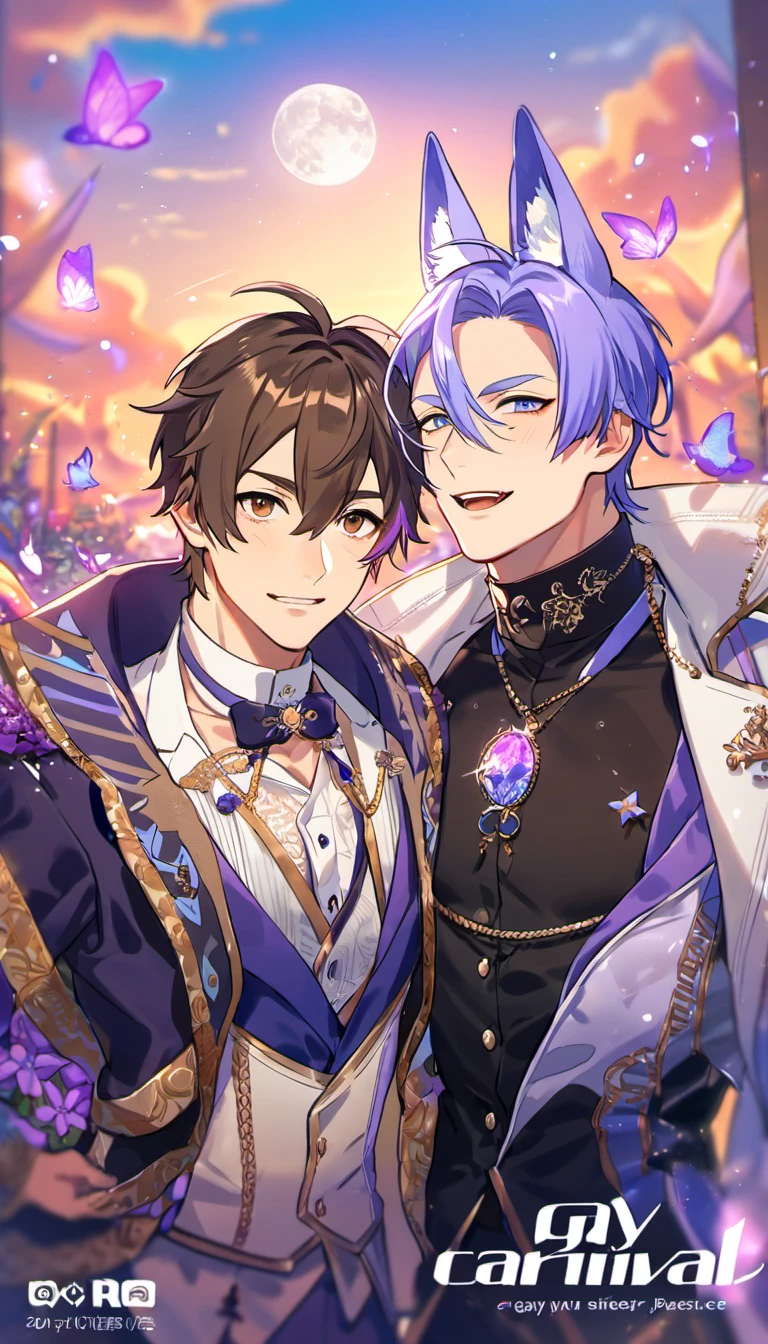 absurdres, highres, ultra detailed, HDR, master piece, best quality, Eiden, brown hair, expressive brown eyes, Nu Carnival, Kuya, light-purple hair, expressive blue eyes, fox ears, two men together, gay couple, handsome, fantasy clothes, moon, purple lilies, purple butterflies, purple flames, sky