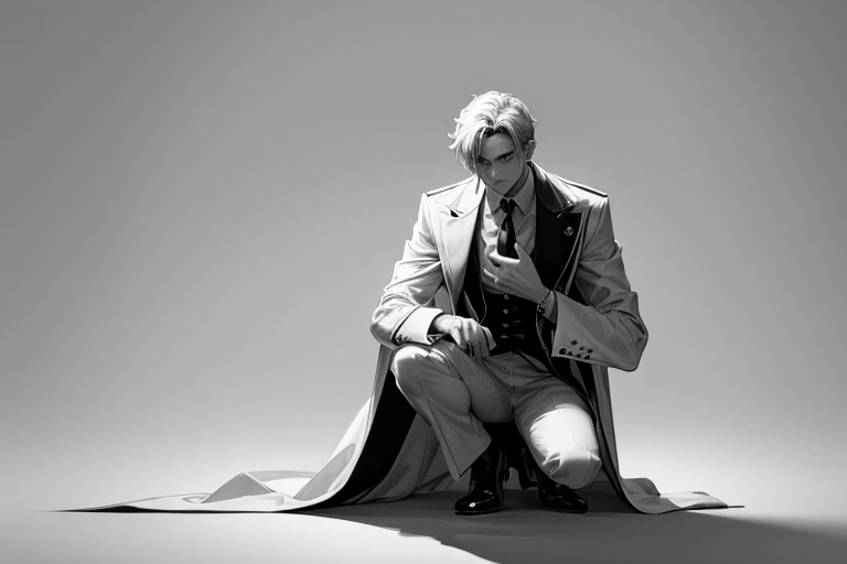 monochrome,masterpiece, illustration, best quality, best aathetic, full body,long shot,a man wearing white coats,on one knee,white background,