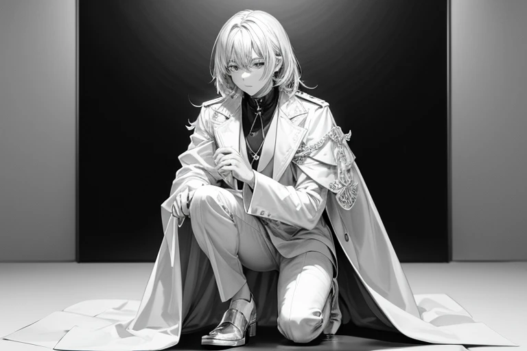 monochrome,masterpiece, illustration, best quality, best aathetic, full body,long shot,a man wearing white coats,on one knee,white background,