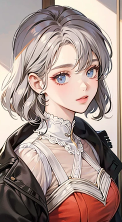 A painting of a woman with gray hair and an orange top, stunning anime face portrait, beautiful character painting, beautiful anime portrait, her image is rendered by red paint, presenting a stunning effect. The painting is very detailed, depicting women's faces and clothing. Her face has a creamy dripping effect, which makes the whole face more vivid. She wears a beautiful detailed outfit with pale gray hair. The proportions are accurate, and the costumes of the female characters are traditionally dressed, showing a classical charm.