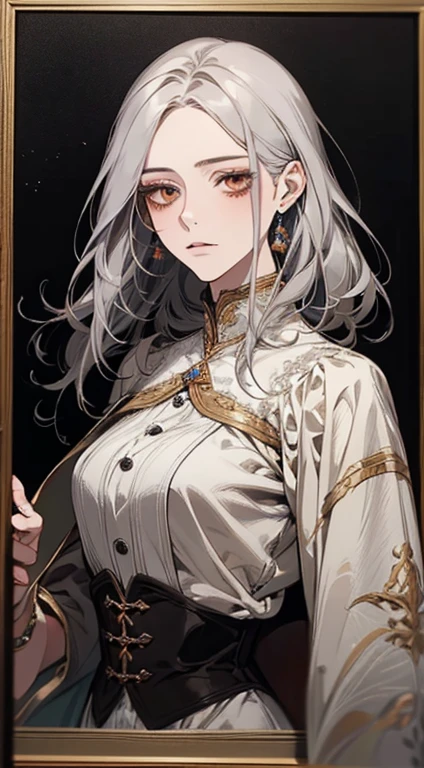 A painting of a woman with gray hair and an orange top, stunning anime face portrait, beautiful character painting, beautiful anime portrait, her image is rendered by red paint, presenting a stunning effect. The painting is very detailed, depicting women's faces and clothing. Her face has a creamy dripping effect, which makes the whole face more vivid. She wears a beautiful detailed outfit with pale gray hair. The proportions are accurate, and the costumes of the female characters are traditionally dressed, showing a classical charm.