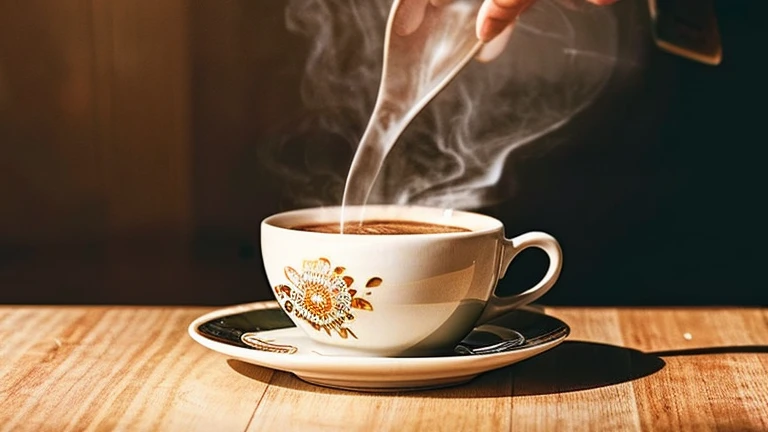 there is a cup of coffee on a saucer on a table, cup of coffee, coffee cup, morning coffee, Highly detailed VFX espresso, hot coffee, steaming coffee, Exploitable Images, Soft - Warm, drinking a cup of coffee, cappuccino, coffee smell, drinking a coffee, Next to the cup, drink more coffee, made with photoshop, coffee cups, coffee