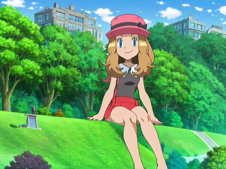 masterpiece, best quality, highres, in a park, depth of field, city in background, 1girl, solo, serena (pokemon), seductive, underwear, looking at viewer, bare legs curled under, bare feet, side, seated on grass, closed mouth, smiling.