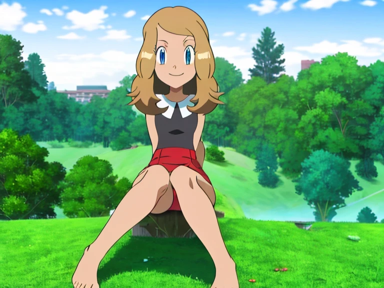 masterpiece, best quality, highres, in a park, depth of field, city in background, 1girl, solo, serena (pokemon), seductive, underwear, looking at viewer, bare legs curled under, bare feet, side, seated on grass, closed mouth, smiling.