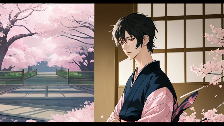 Lo-Fi,Japanese anime style,Ghibli,samurai,male.Listening to music with headphones in the room,knife,Outside, the cherry blossoms are blooming