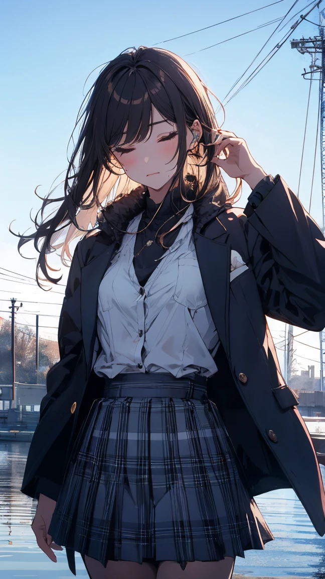 One girl, water面, solo, Brown Hair, Lie,skirt, water中に横たわる,inhale,take a breath,Heavy breathing,Generate bubbles,Exterior,plant, Long white hair, sky reflection, shirt, Jacket, Halter, 白のshirt, water, Tic, close your eyes, チェック柄skirt, プリーツskirt, long sleeves, 襟付きshirt, Wind, Tartan, Daisy, musical instrument, uniform, floating hair, music, Keep your mouth shut, playing musical instrument, By Bangesium Hair, 黄色いJacket, coat。