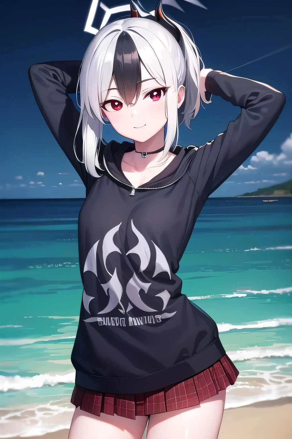 kayokoonikata, kayoko onikata, black hair, demon horns, hair between eyes, halo, horns, long hair, low wings, mole, mole on collarbone, multicolored hair, ponytail, (red eyes:1.5), single wing, two-tone hair, white hair, wings, black ponytail,
BREAK black hoodie, choker, hood, hoodie, pleated skirt, skirt, red skirt,
dynamic pose, contrapposto, spread armpit, arms behind head, solo, looking at viewer, (cowboy shot:1.5), closed mouth, night sky, beach, masterpiece, best quality, smile,
BREAK (masterpiece:1.2), best quality, high resolution, unity 8k wallpaper, (illustration:0.8), (beautiful detailed eyes:1.6), extremely detailed face, perfect lighting, extremely detailed CG, (perfect hands, perfect anatomy),